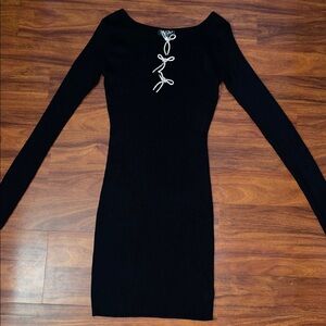 Womens Black Long Sleeve Knit Dress with Bow Accents